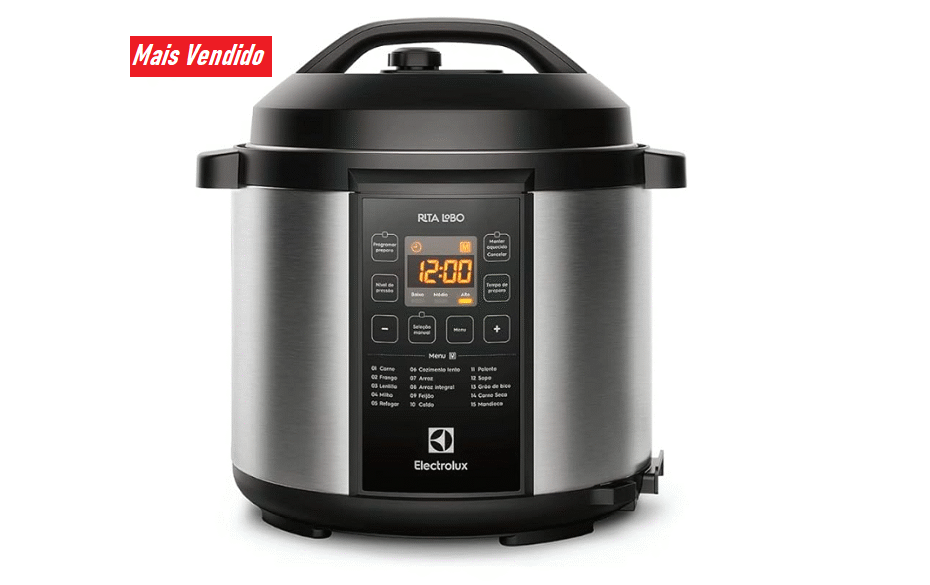 Panela pressão elétrica Electrolux digital capacidade 6L silenciosa segura 10 travas segurança 15 receitas pré-programadas 3 níveis pressão PCC20 inox preto 127v por Rita Lobo