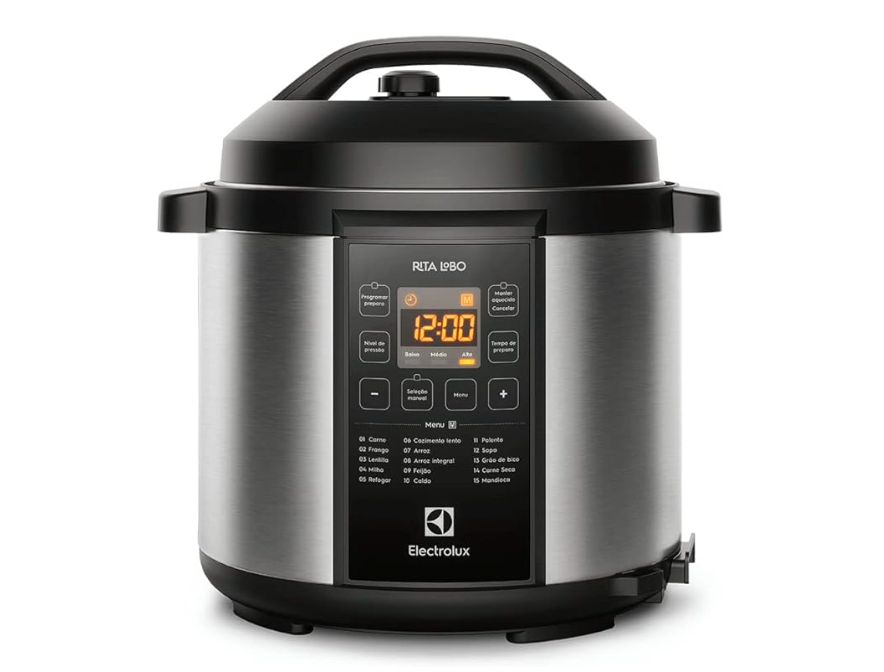 Panela pressão elétrica Electrolux digital capacidade 6L silenciosa segura 10 travas segurança 15 receitas pré-programadas 3 níveis pressão PCC20 inox preto 127v por Rita Lobo
